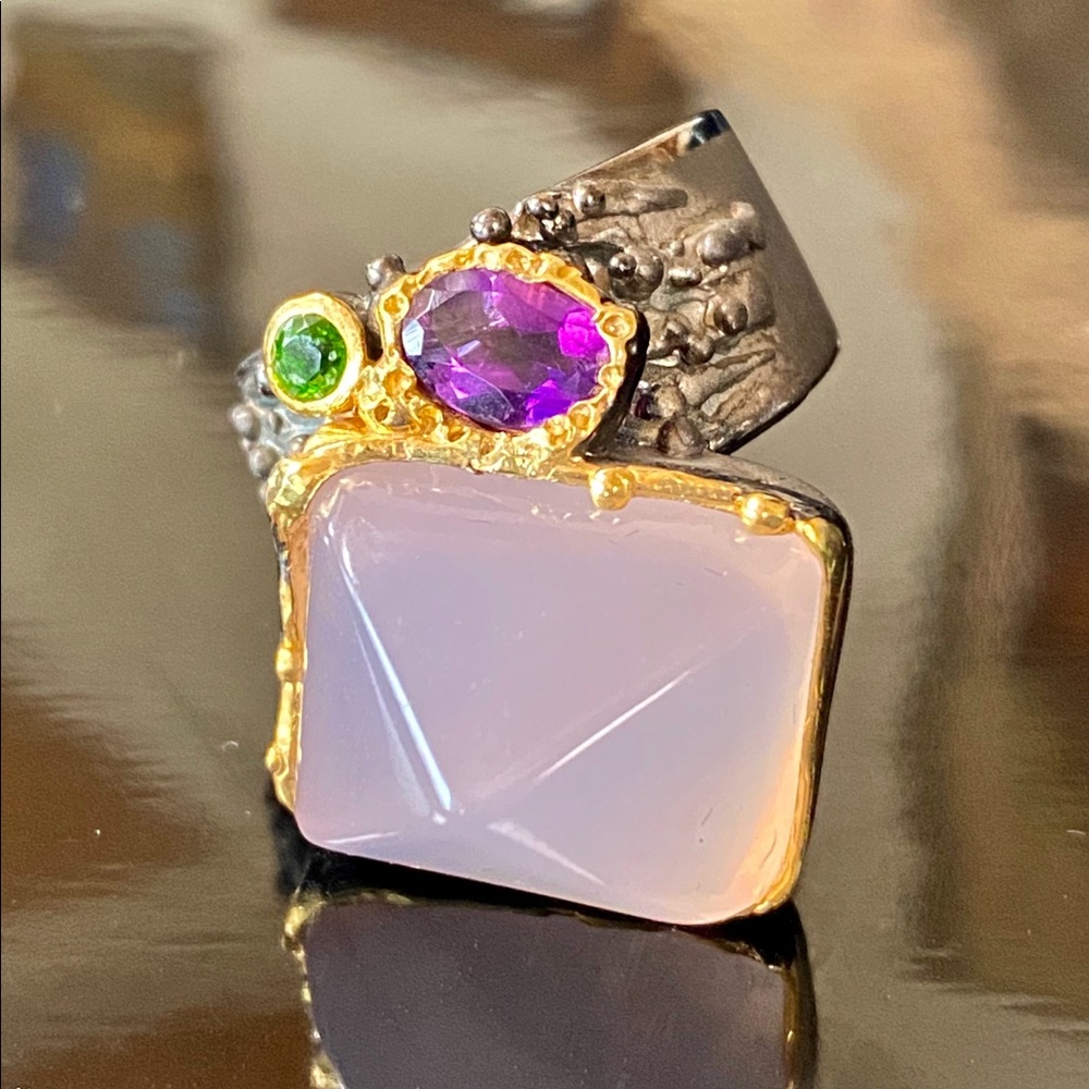 Elegant Genuine Rose Quartz Amethyst Ring
